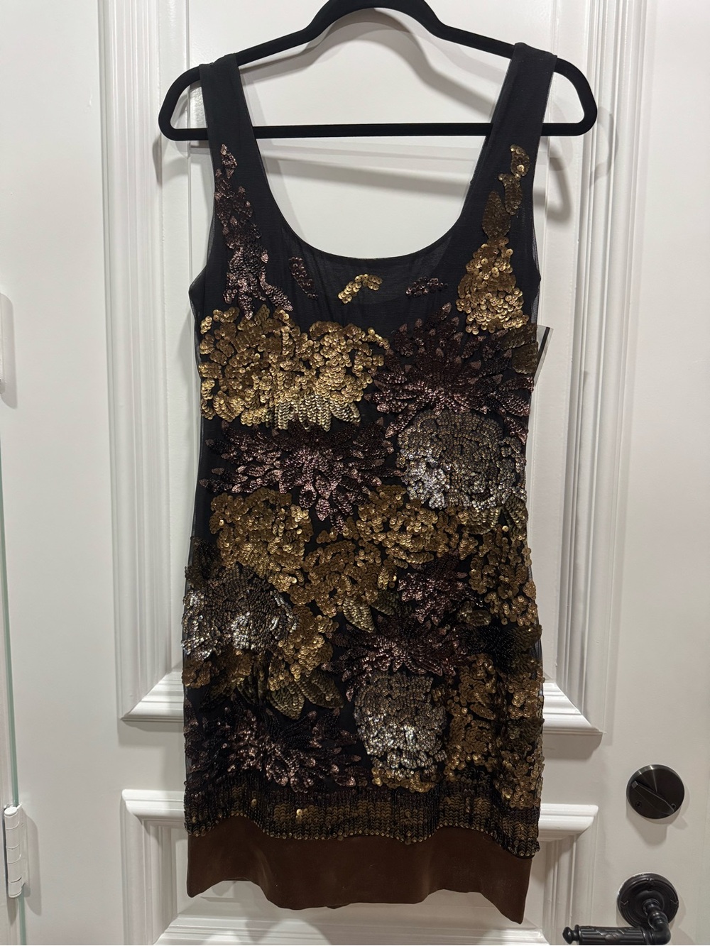 Black Sequin Floral Mini Dress with Gold Accents